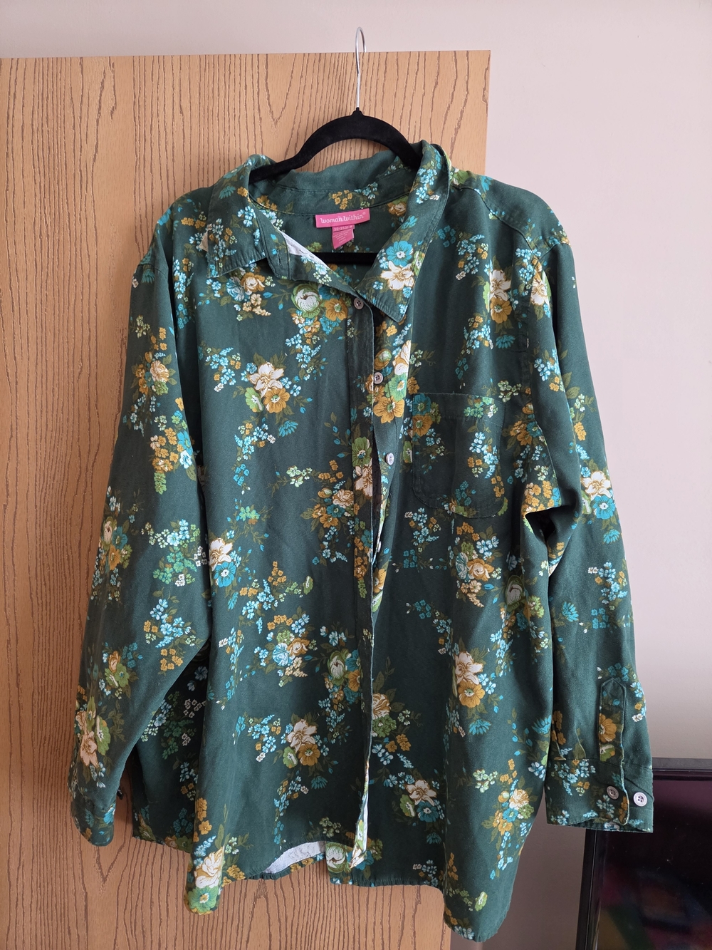 Woman Within Green Floral Button-Down Shirt